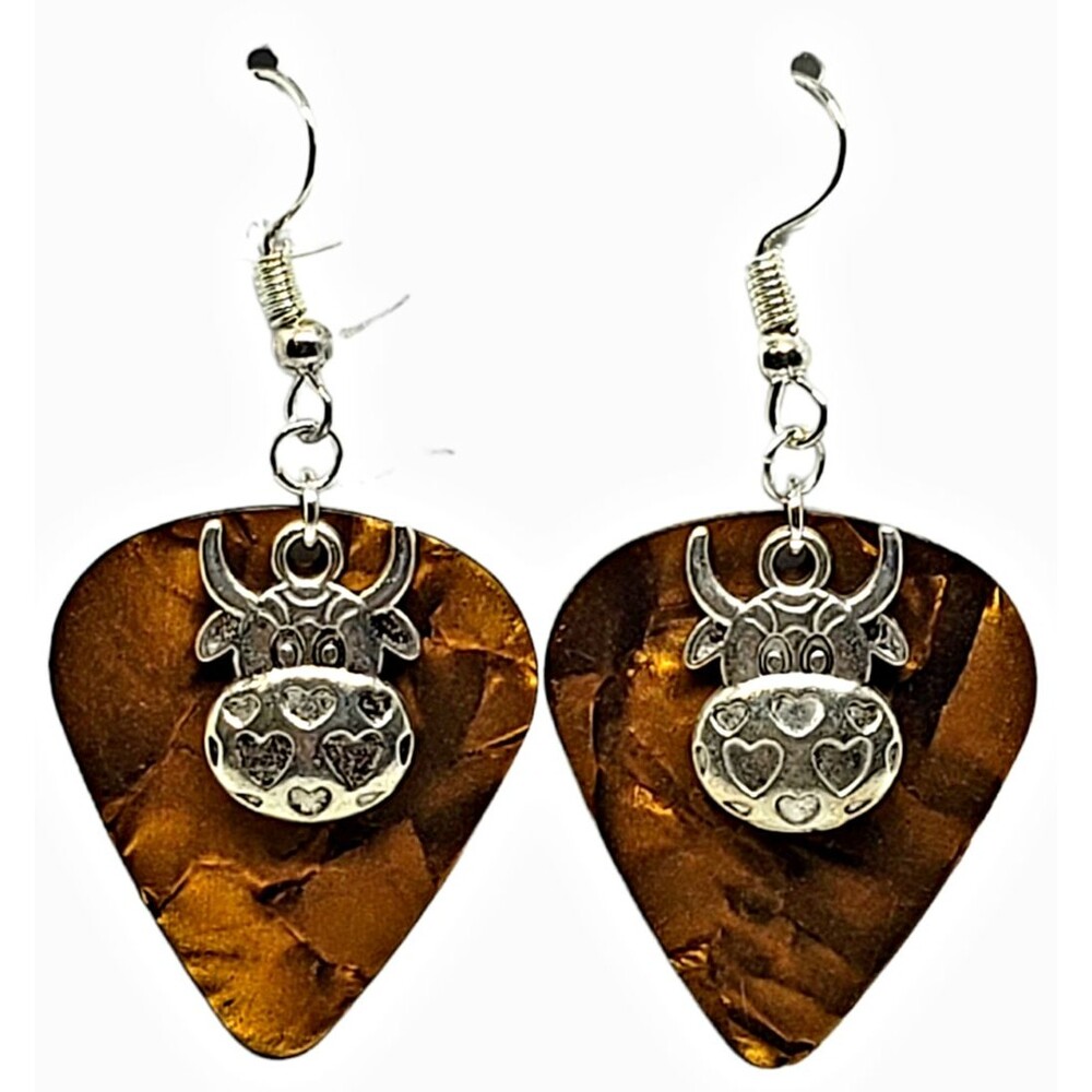 Cow Head Charm Guitar Pick Earrings Choose Color - Handmade in USA